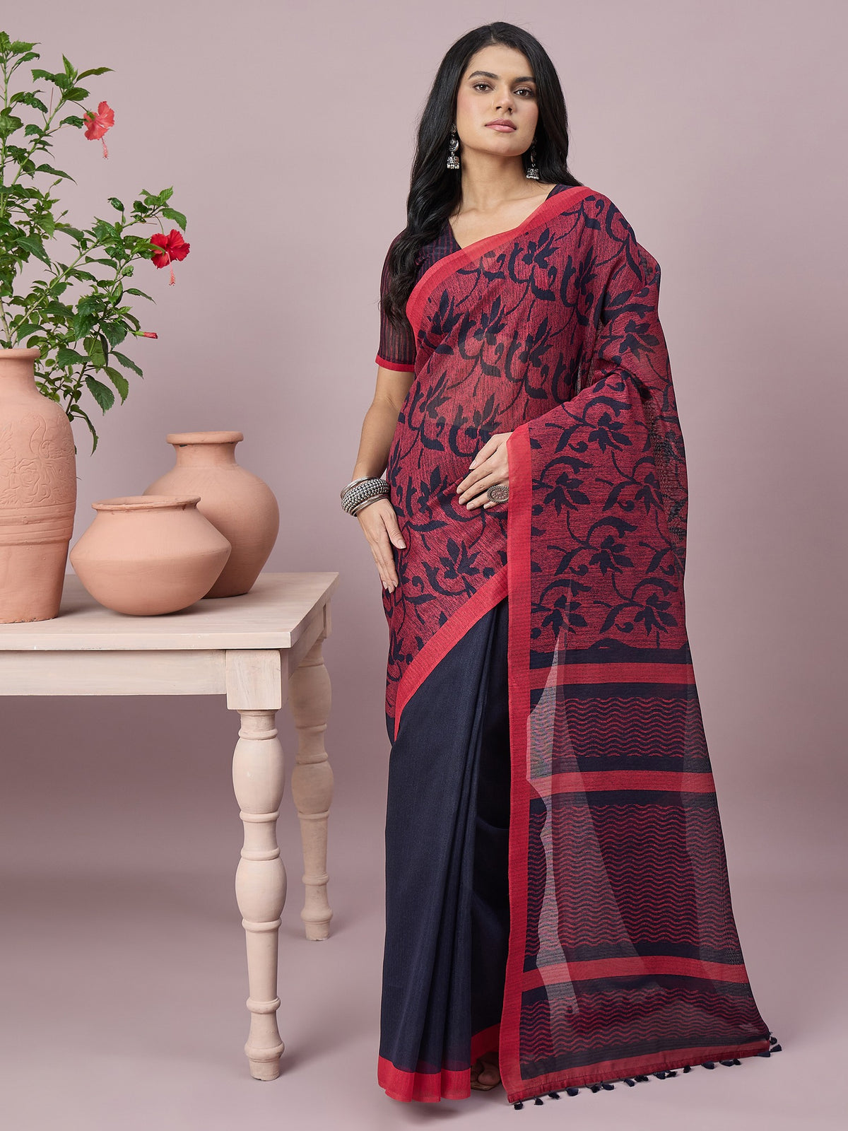 Navy Blue floral cotton slub saree with red blouse piece