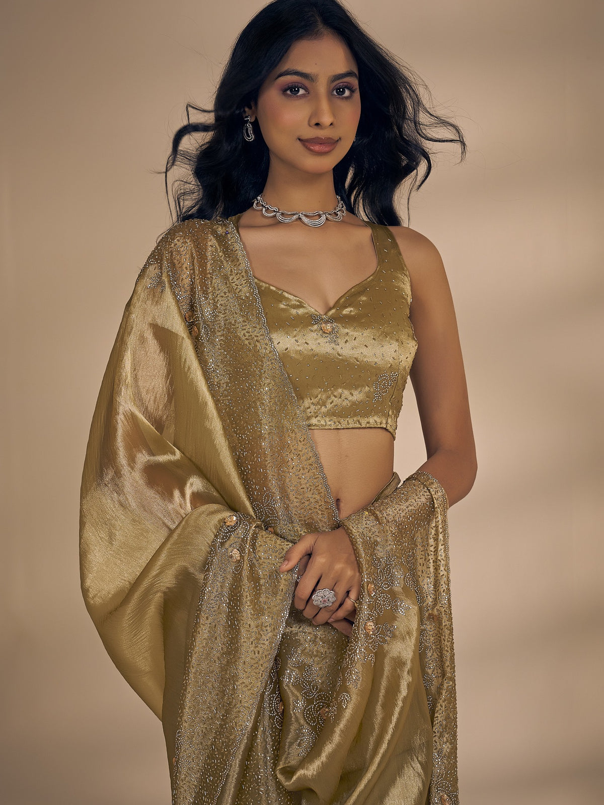 Olive organza saree view 4