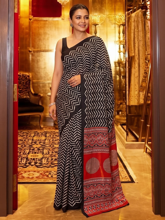 Black chevron satin saree with black blouse piece