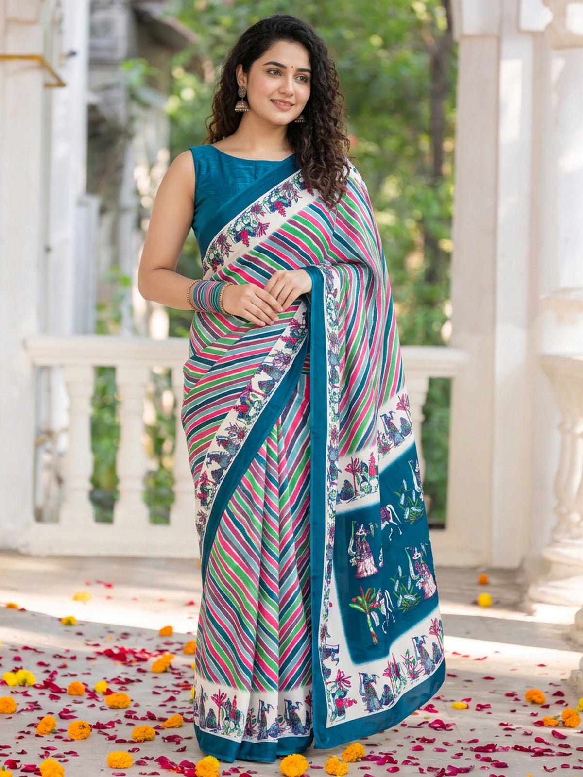 Teal striped crepe saree with teal blouse piece