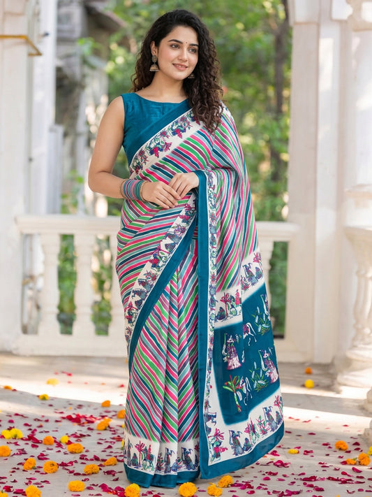 Teal striped crepe saree with teal blouse piece