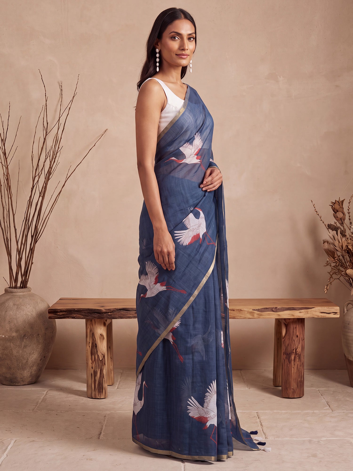 Navy Blue Cotton Linen saree – detail view 2