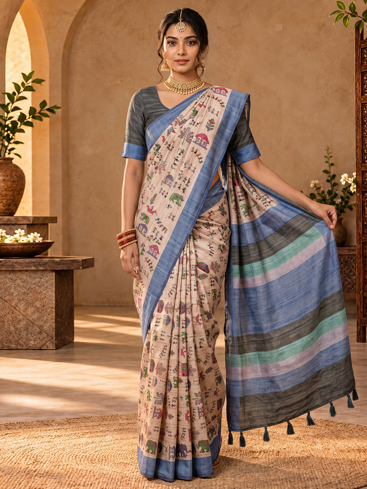 Beige tribal soft silk saree with grey melange blouse piece