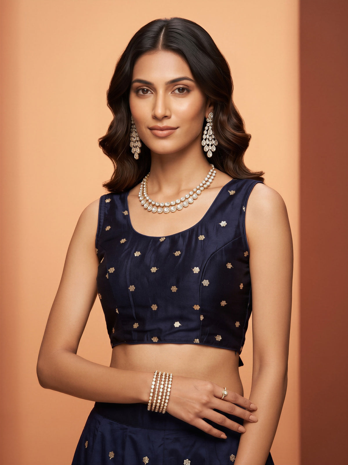 Black sequin embellished chinnon sleeveless readymade saree blouse with round neck