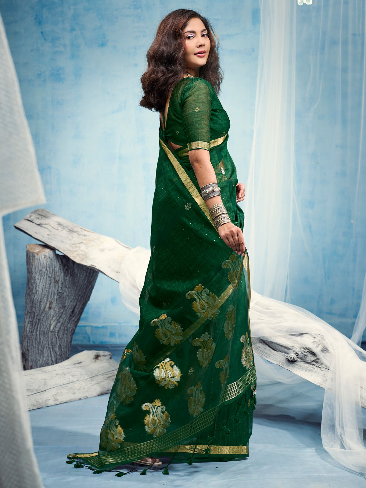 Green Muga Silk saree – detail view 1