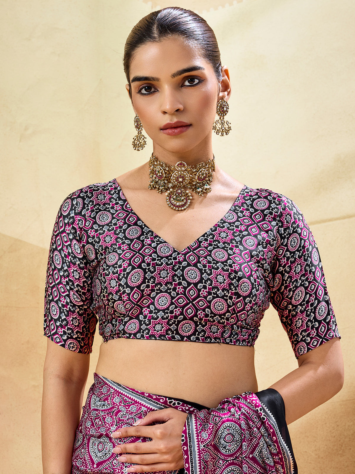 Unstitched black satin blouse piece with ajrak design