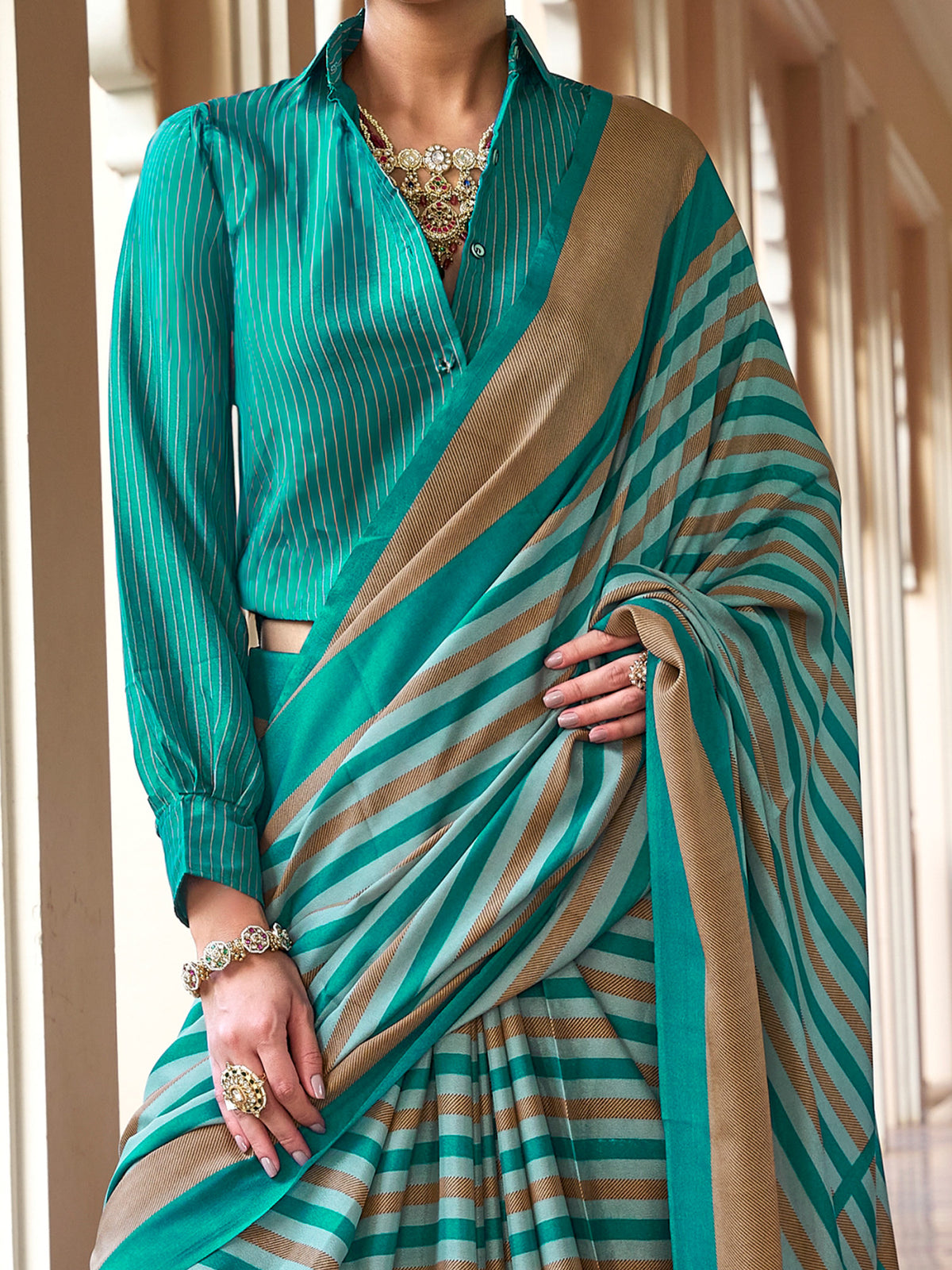 Teal Green crepe saree view 3