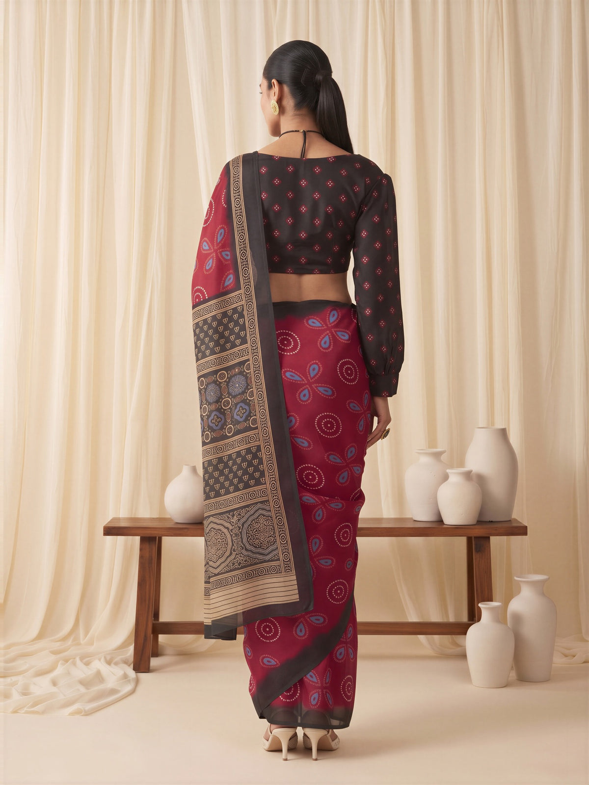 Maroon Satin saree – detail view 1
