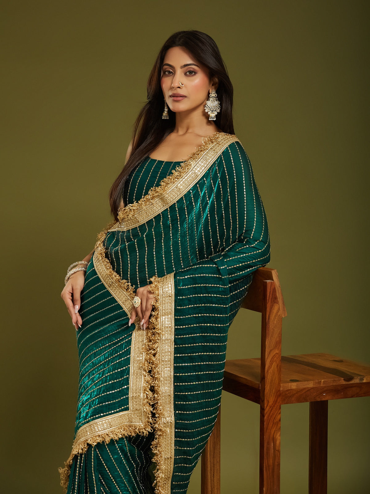 Teal Green Satin saree – detail view 2
