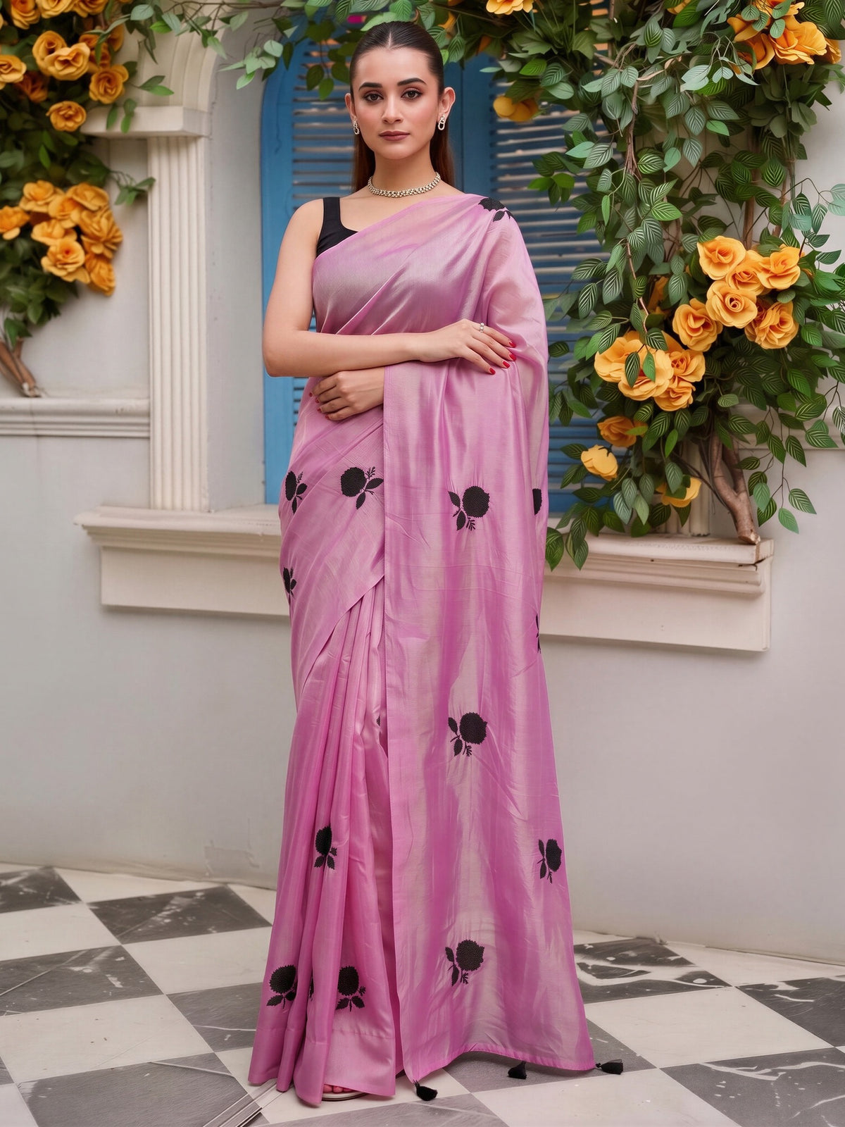 Pink satin saree view 3