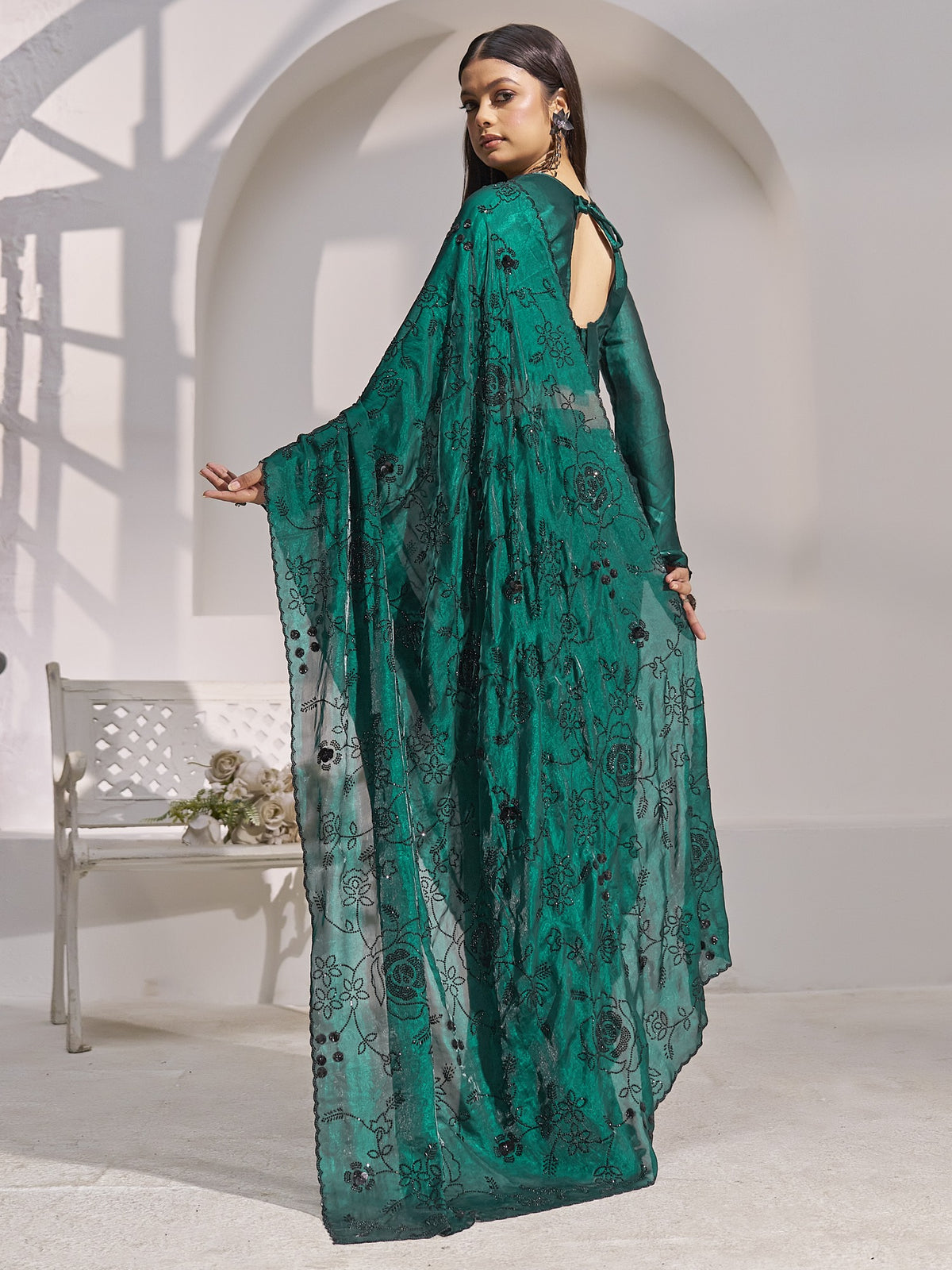 Teal Green satin silk saree view 2