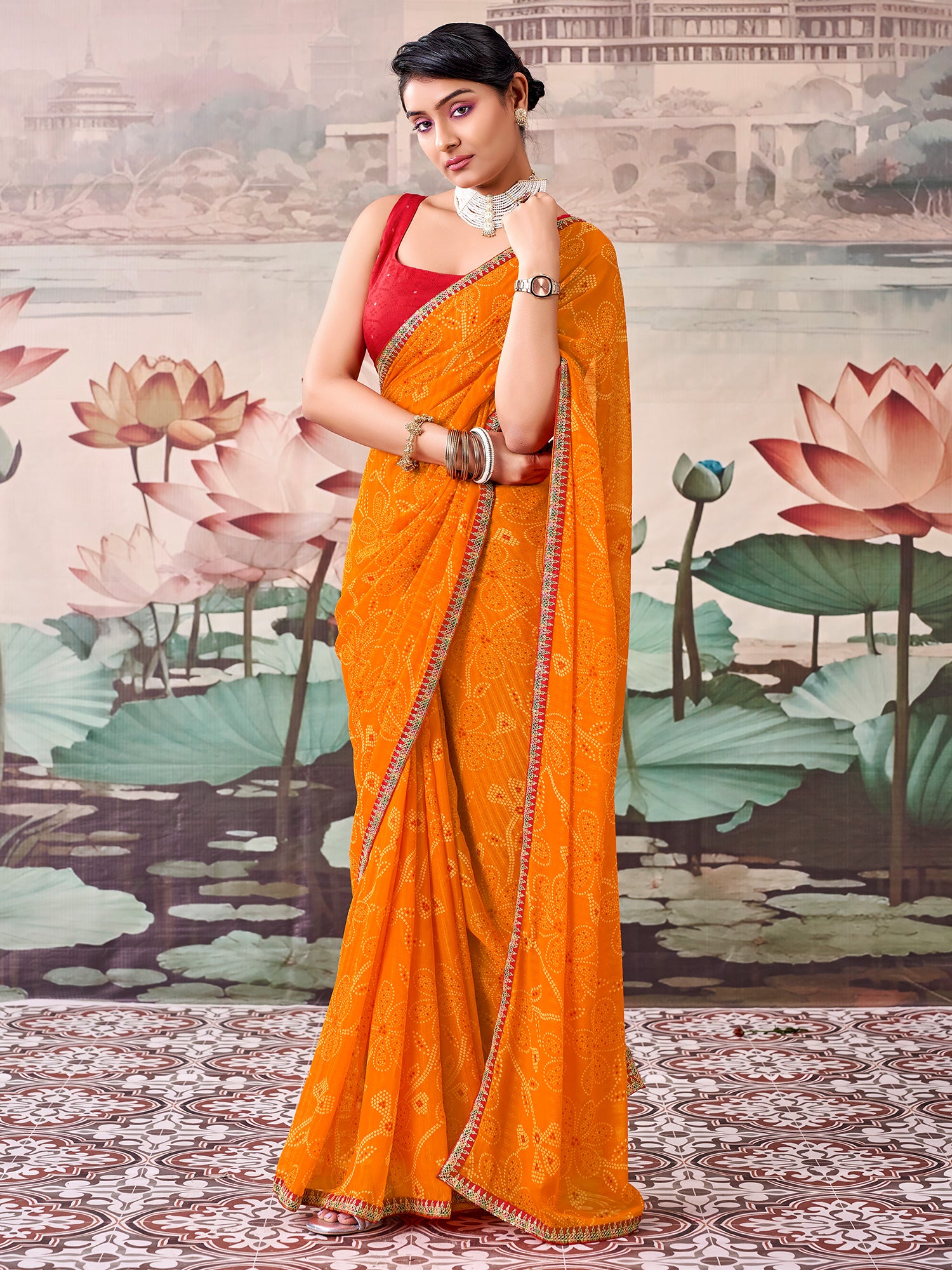 Orange Georgette saree – detail view 1