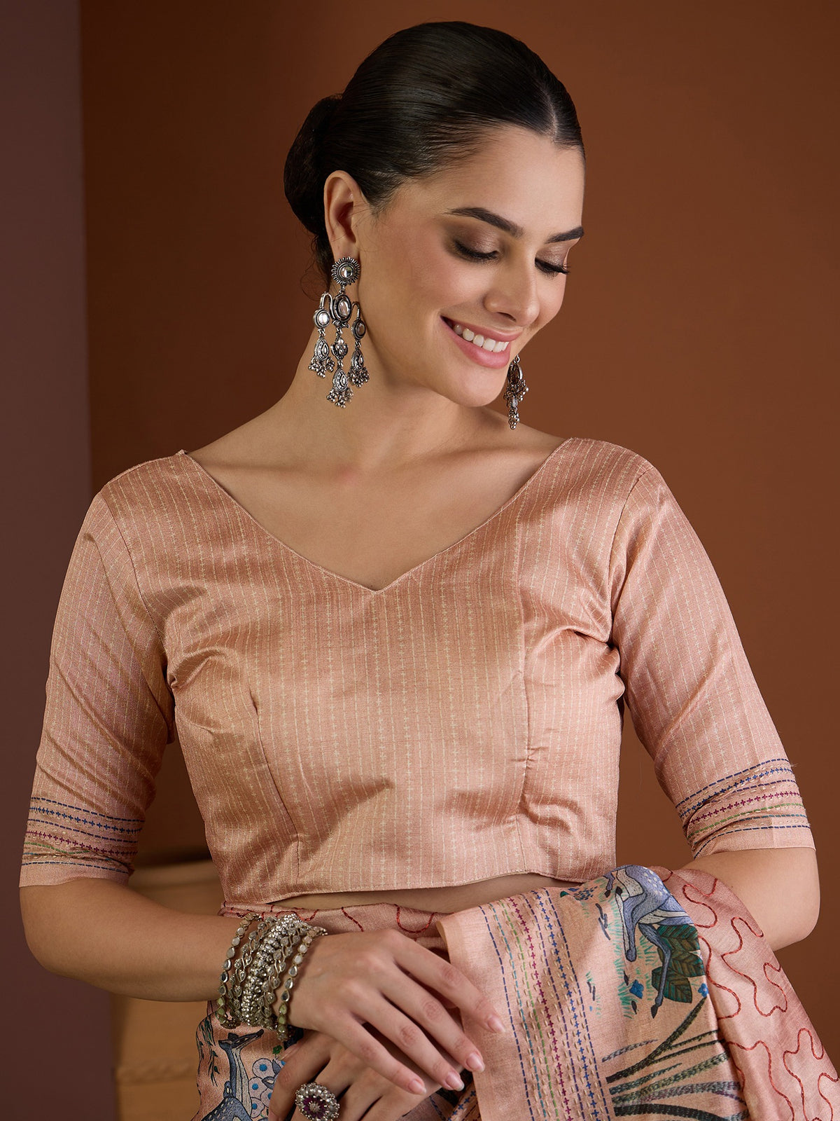 Peach art silk saree view 1