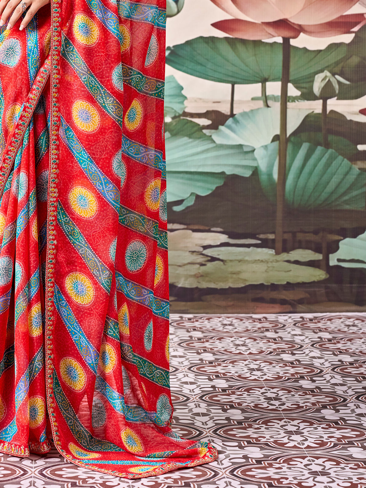 Red Georgette saree – detail view 4