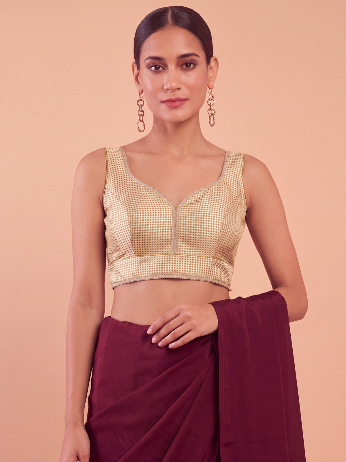 Maroon woven metallic jacquard sleeveless readymade saree blouse with sweetheart neck view 2