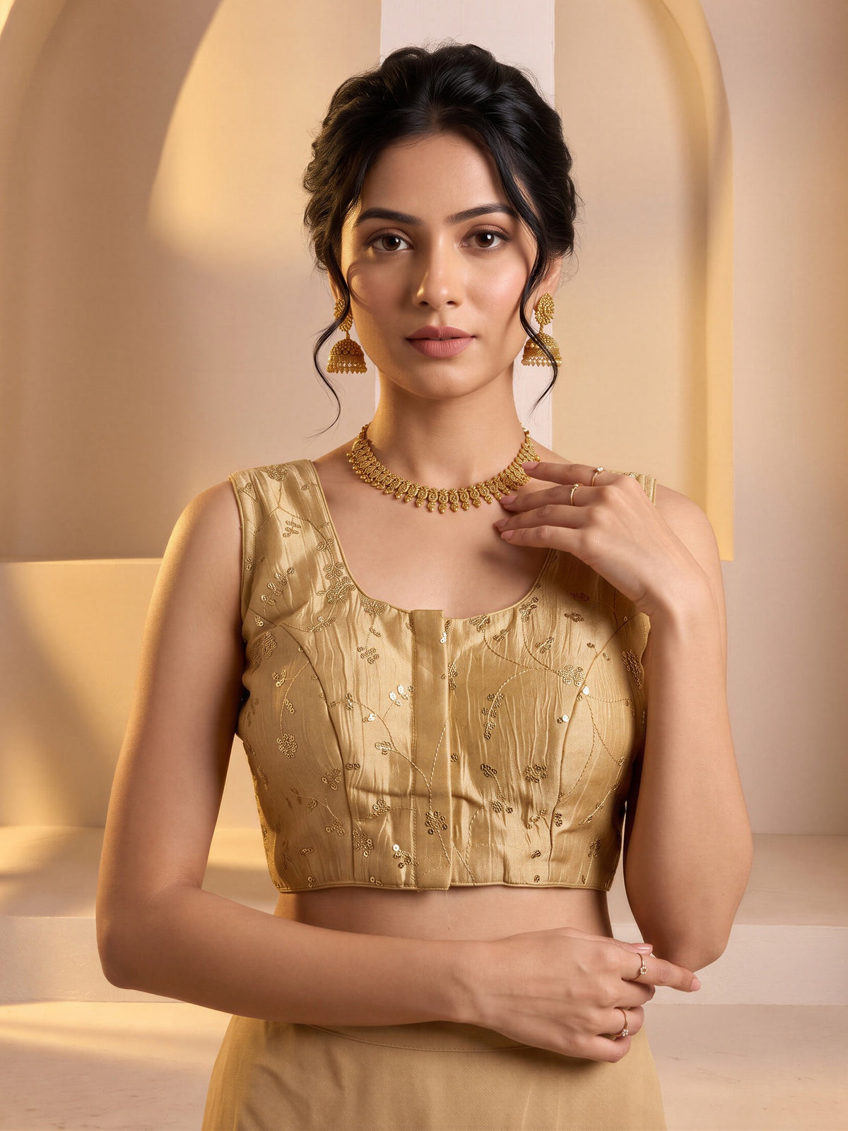 Gold sequin embroidered vichitra silk sleeveless readymade saree blouse with round neck