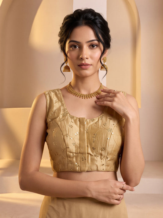 Gold sequin embroidered vichitra silk sleeveless readymade saree blouse with round neck