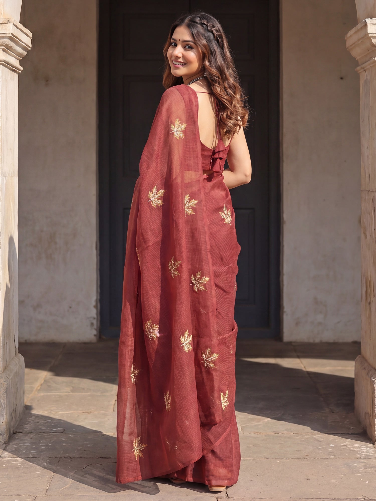 Maroon Kota Doria Cotton saree – detail view 1