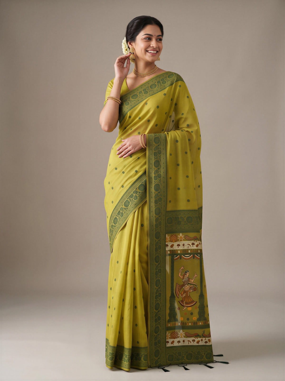 Olive cotton blend saree view 3