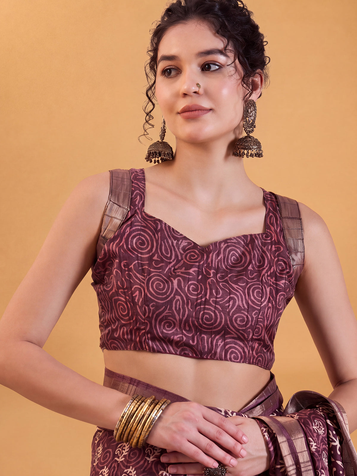 Unstitched burgundy silk blend blouse piece with dabu design