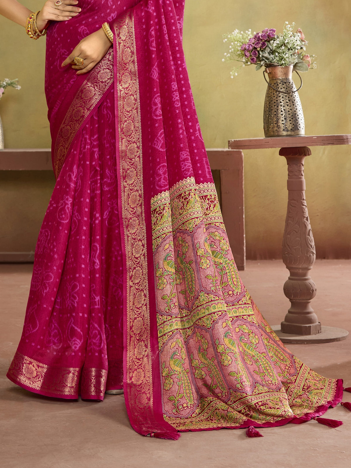 Pink tussar silk saree view 1