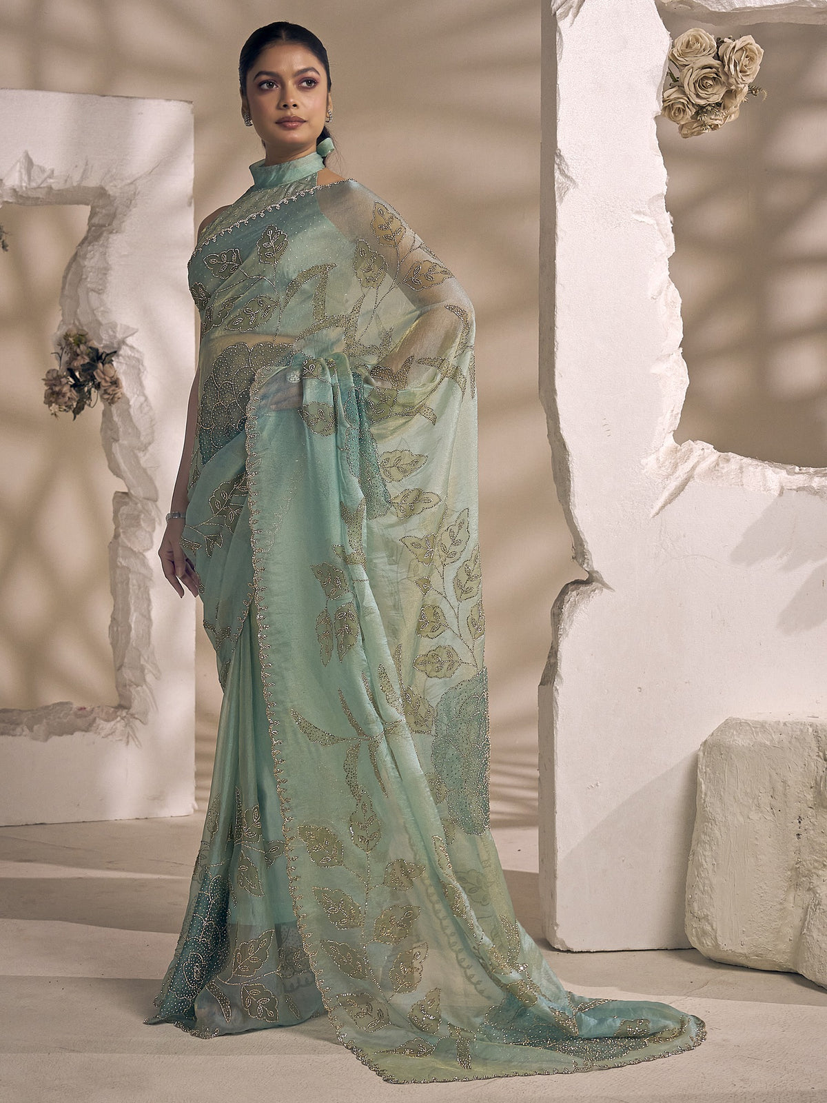 Light Blue organza saree view 1