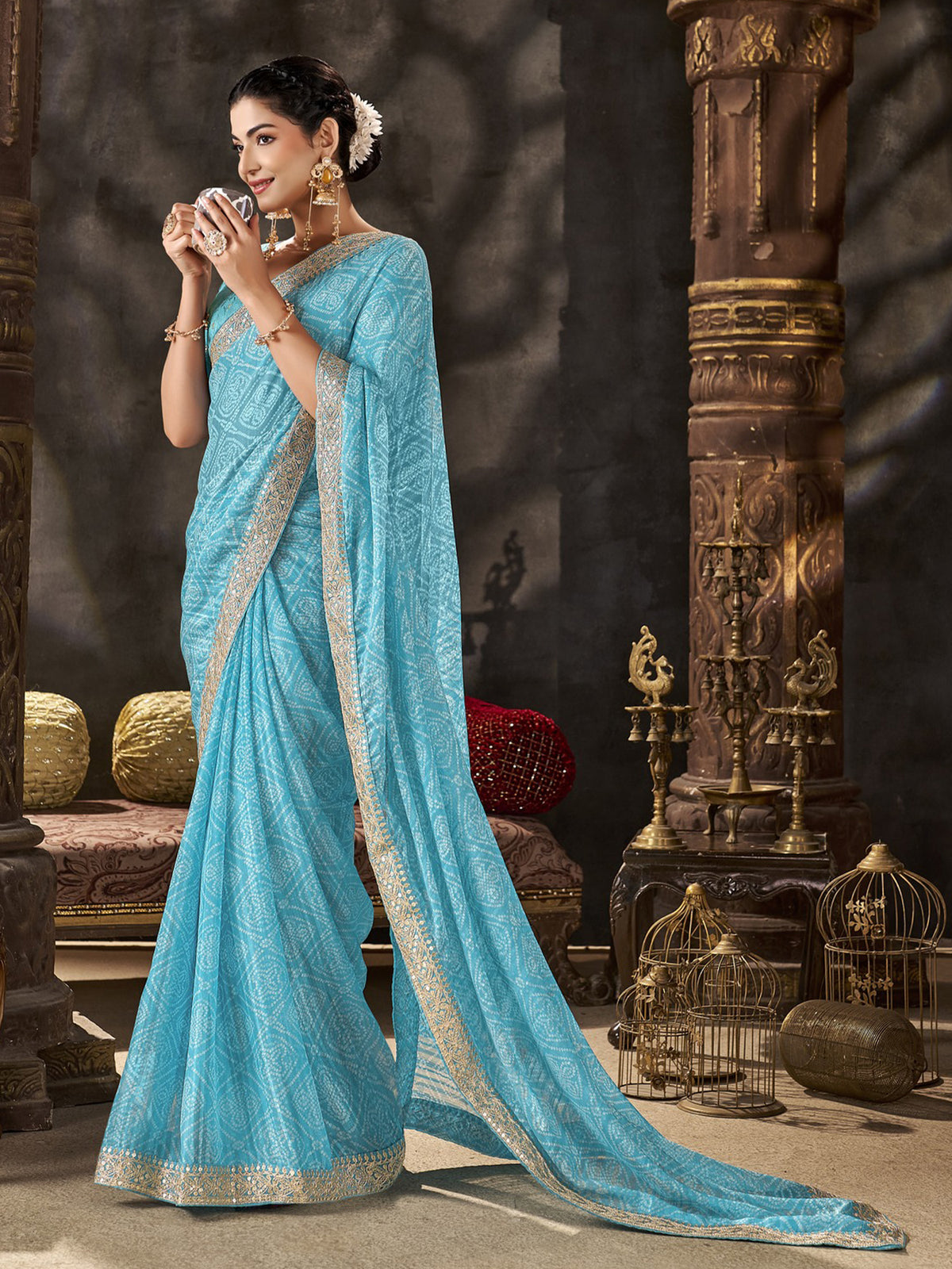 Turquoise Blue Chiffon saree – detail view 3
