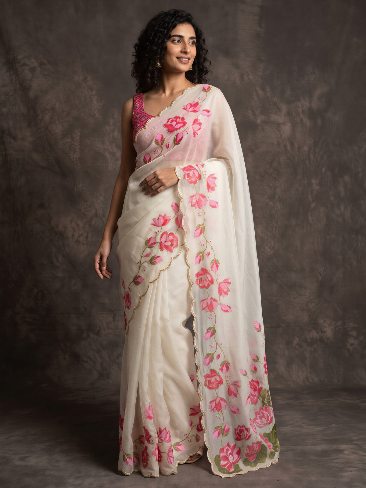 Off White satin saree view 1
