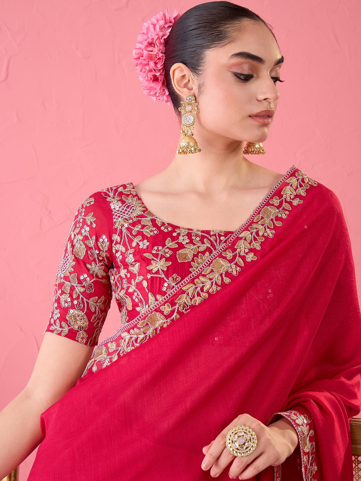 Pink Vichitra Silk saree – detail view 6