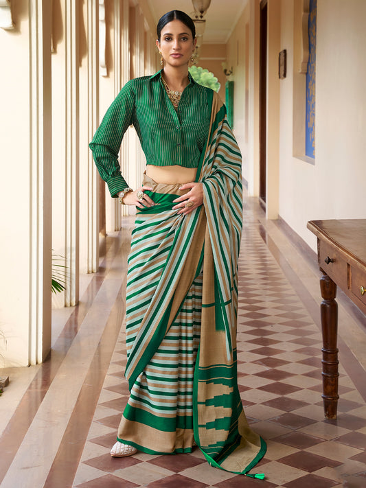Green striped crepe saree with green blouse piece