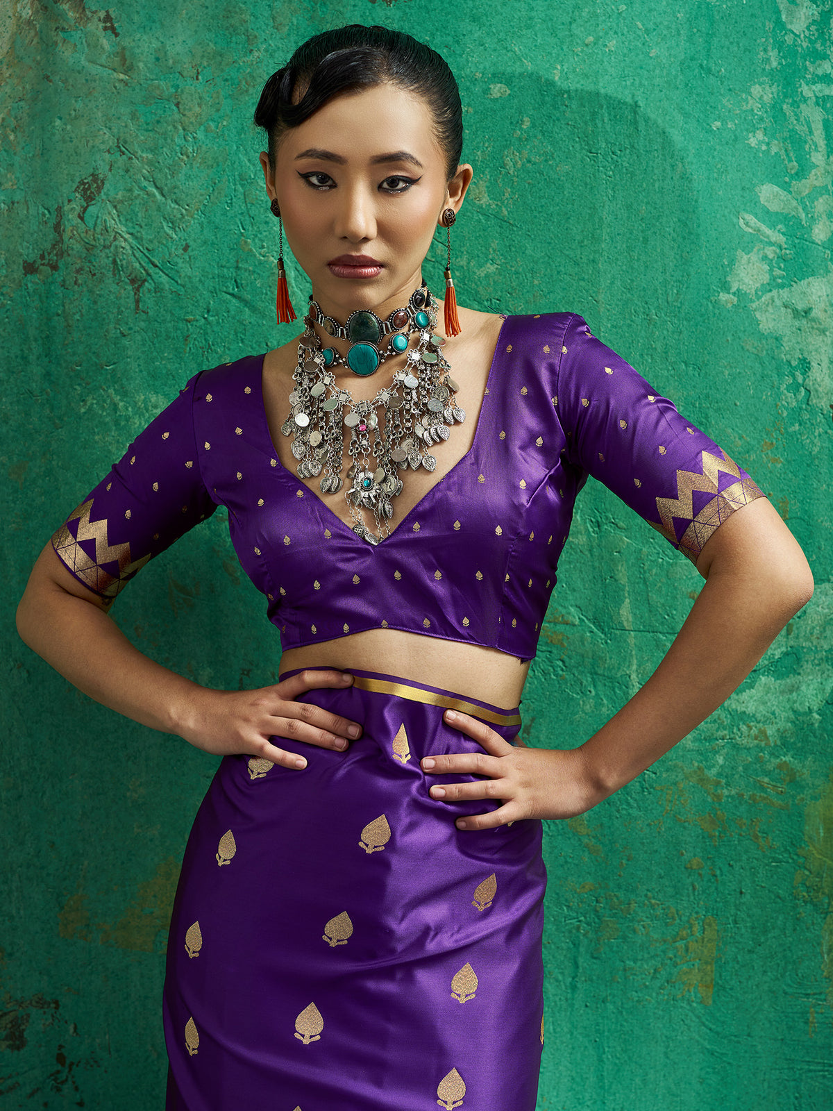 Unstitched purple satin silk blouse piece with zari butta design