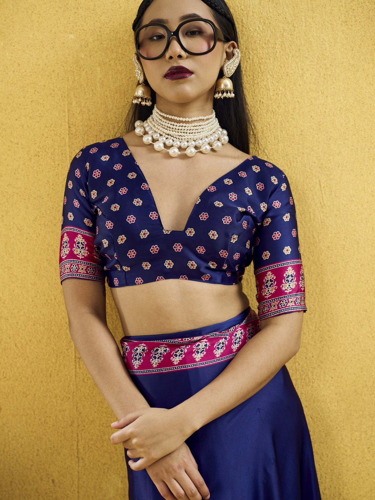 Navy Blue satin saree view 2