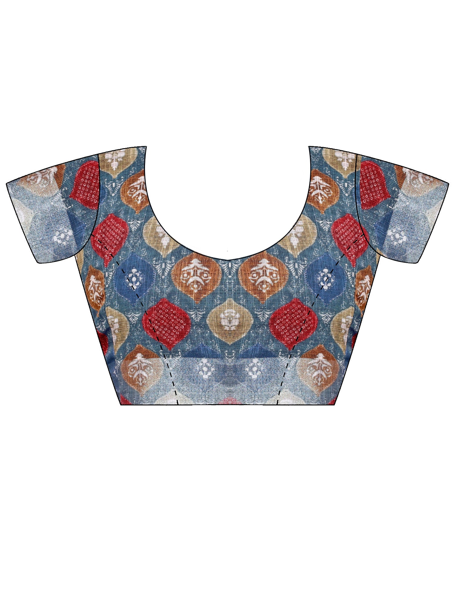 Unstitched sea green cotton linen blouse piece with ethnic motif design