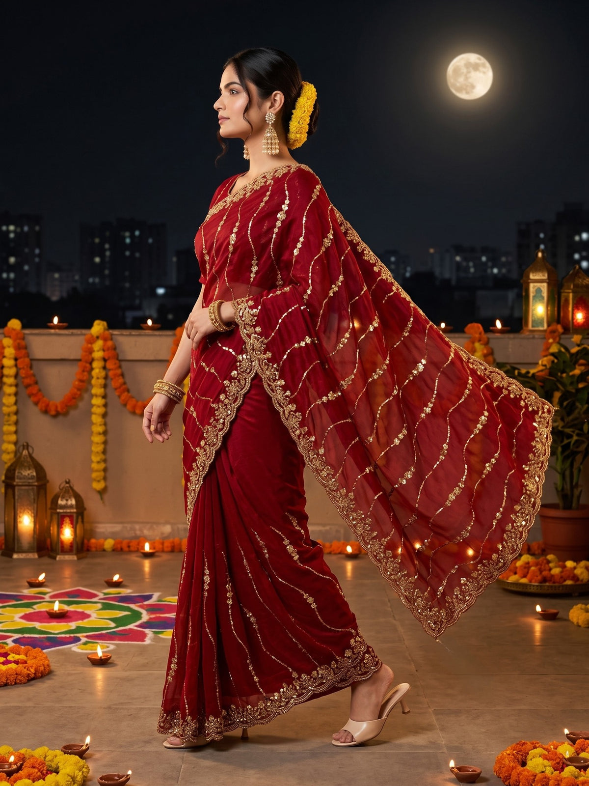 Red Satin saree – detail view 3