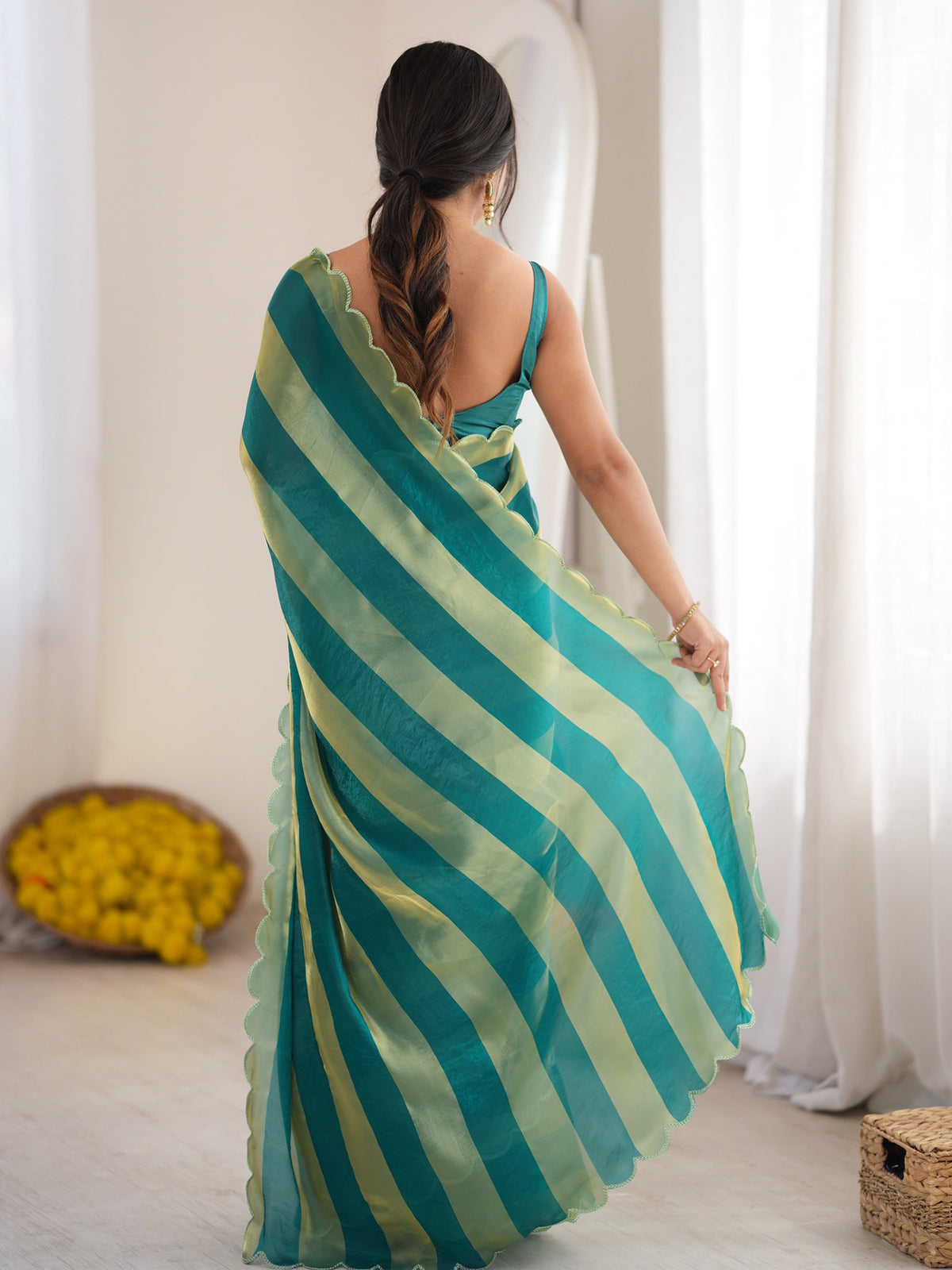 Teal Green Satin saree – detail view 3