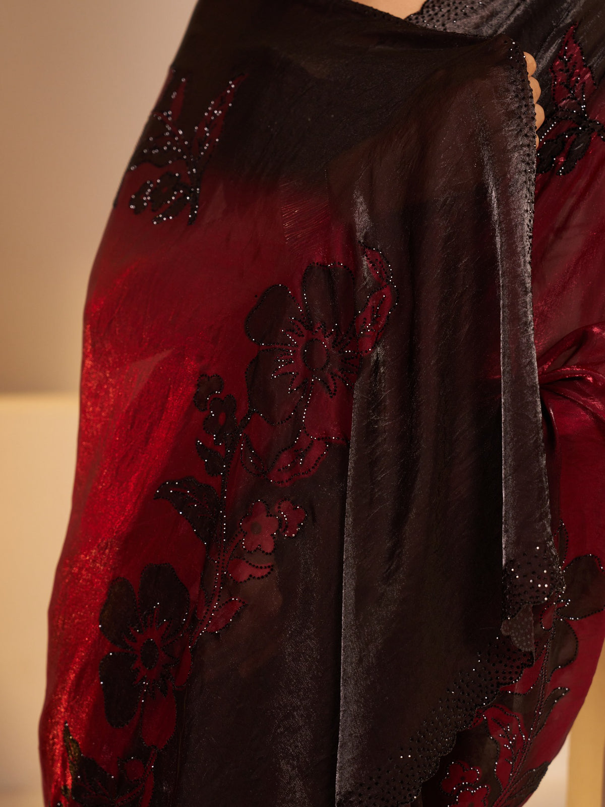 Red satin silk saree view 4