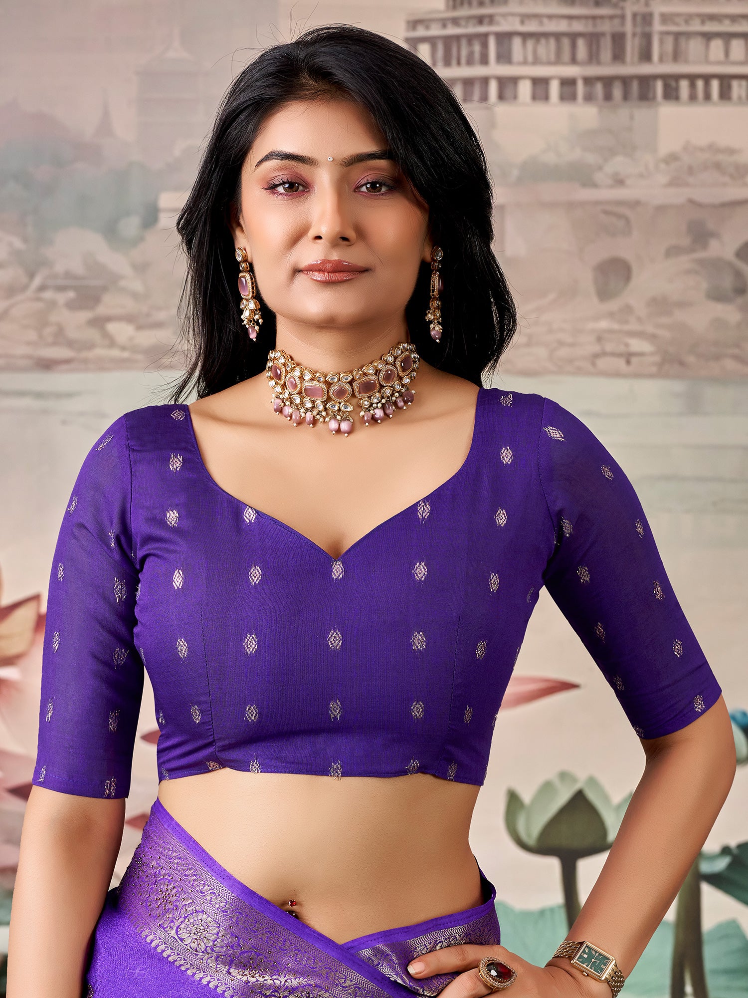 Unstitched purple georgette blouse piece with zari butta design