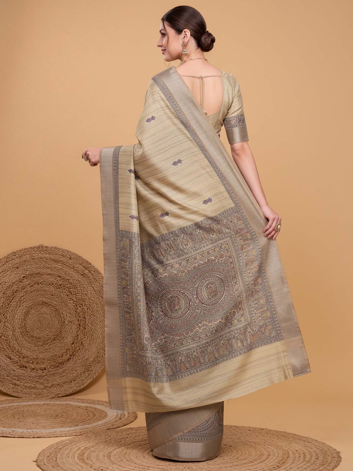 Beige Satin Silk saree – detail view 1