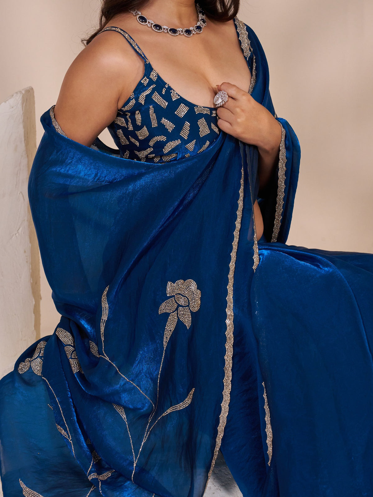 Teal Blue satin silk saree view 6