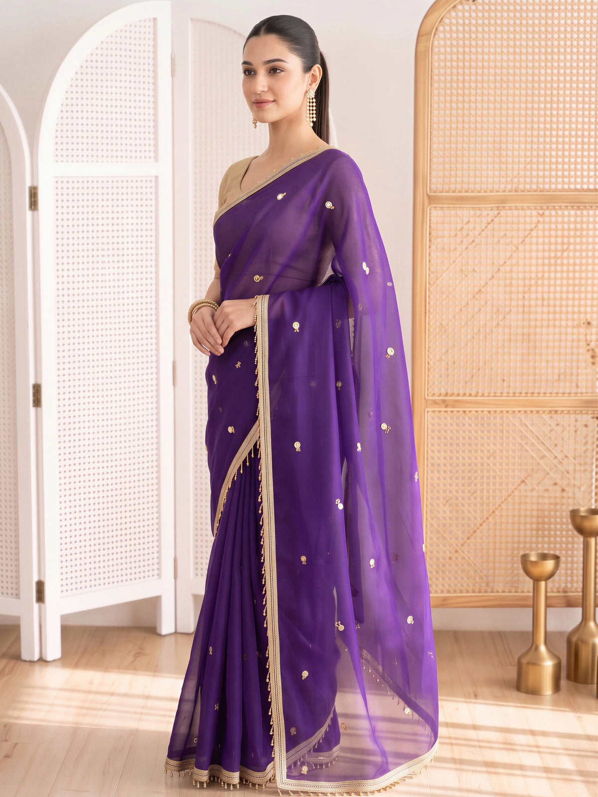 Purple poly georgette saree view 2