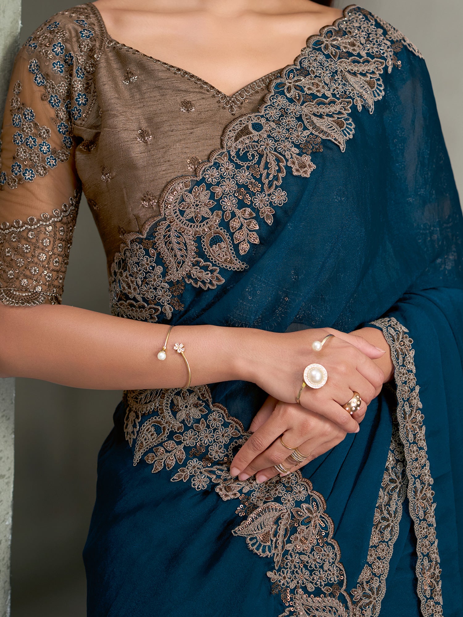 Teal Blue Georgette saree – detail view 3