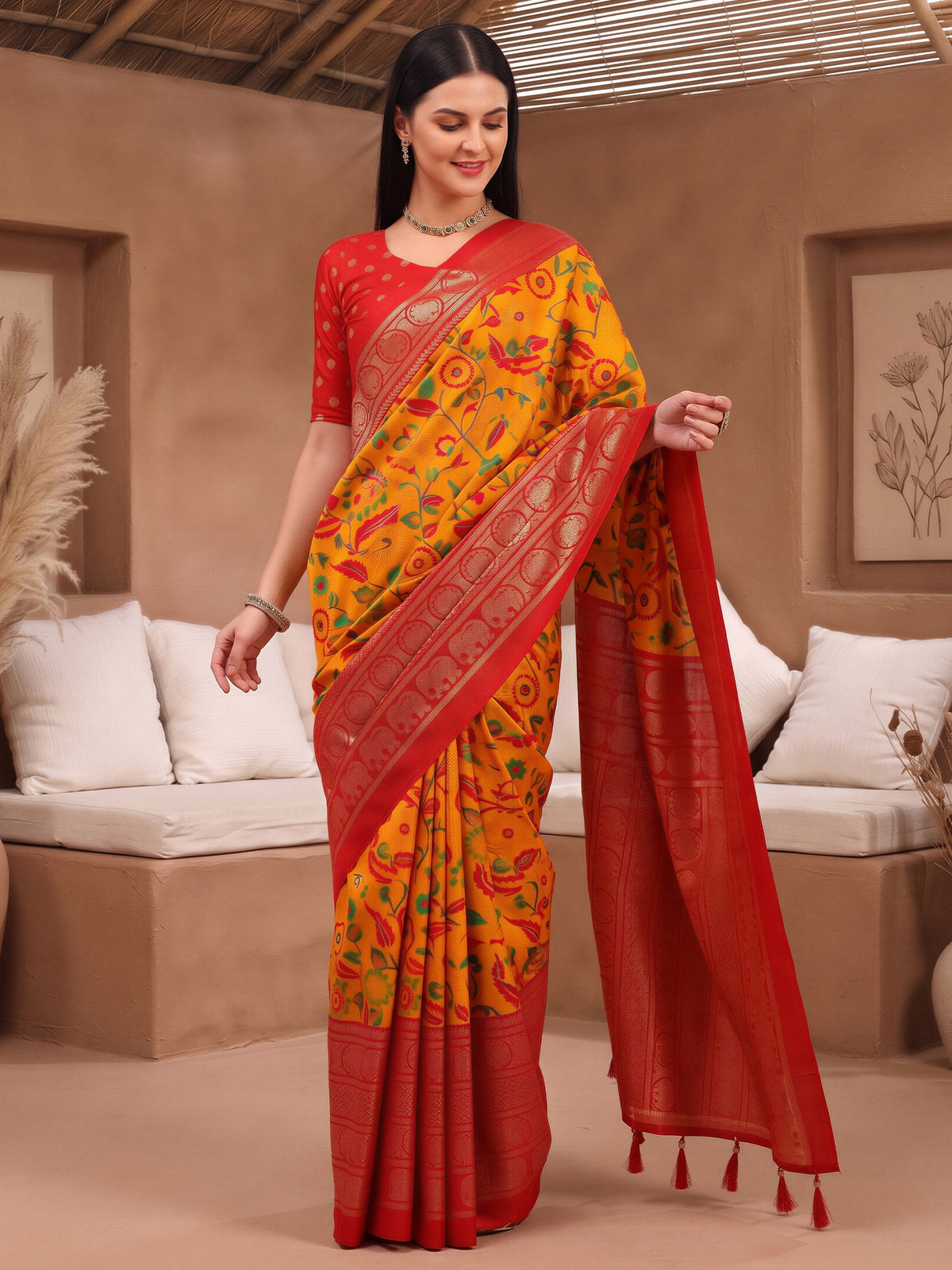 Orange Cotton Blend saree – detail view 2