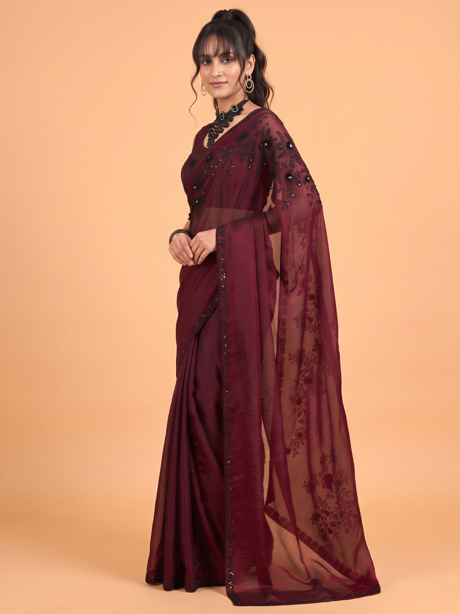 Maroon Satin Silk saree – detail view 2