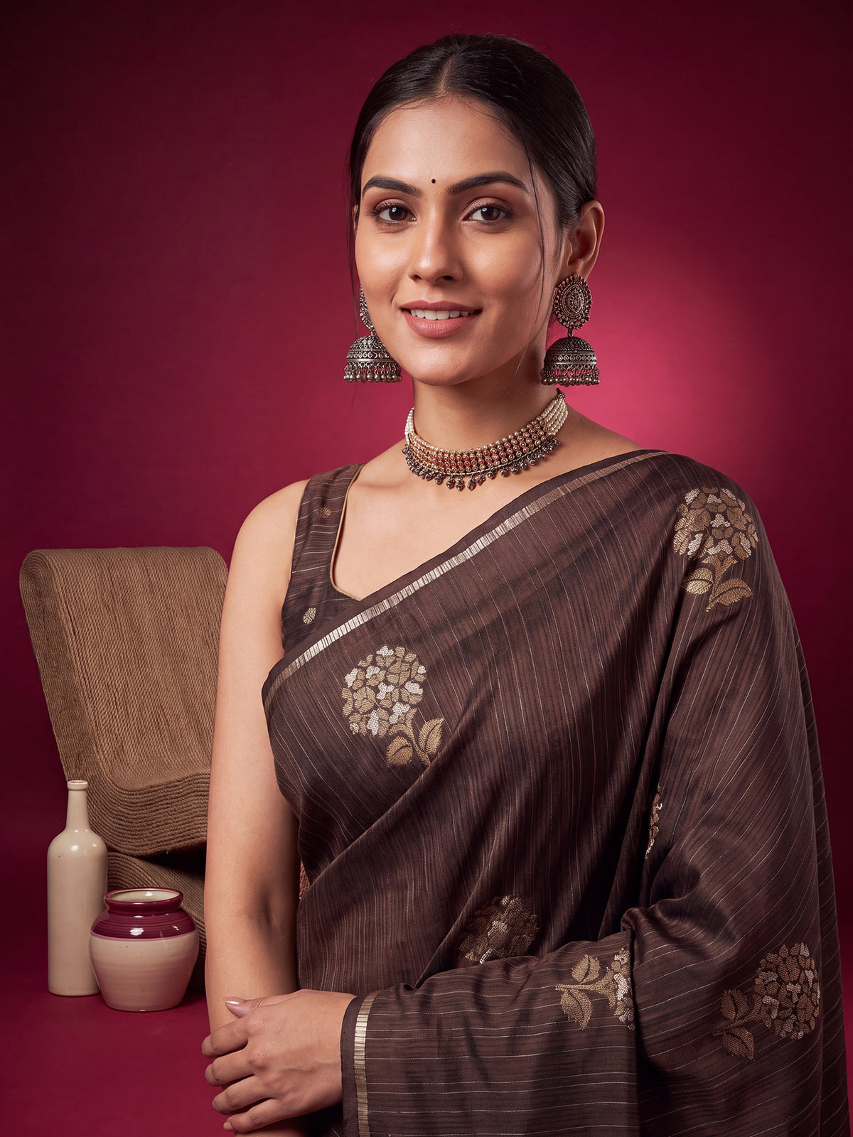 Dark Brown Satin Silk saree – detail view 4