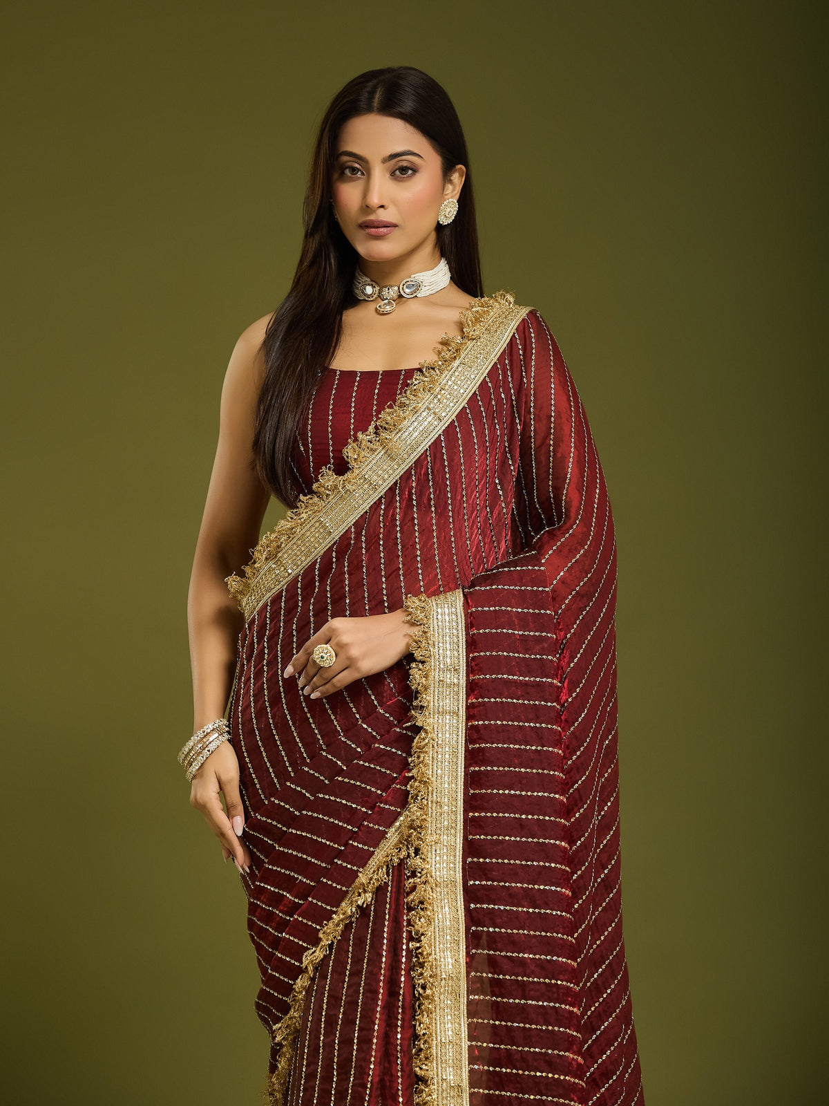 Maroon Satin saree – detail view 6