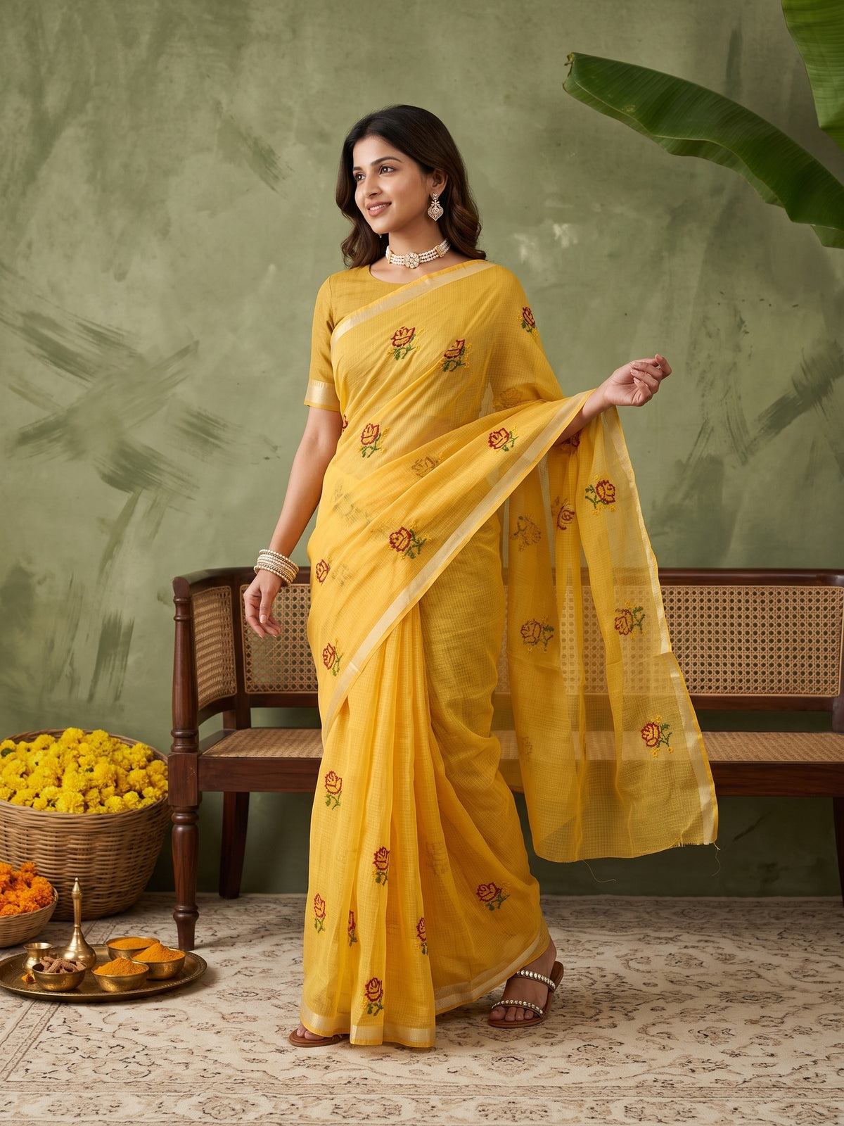 Yellow Kota Doria Cotton saree – detail view 4