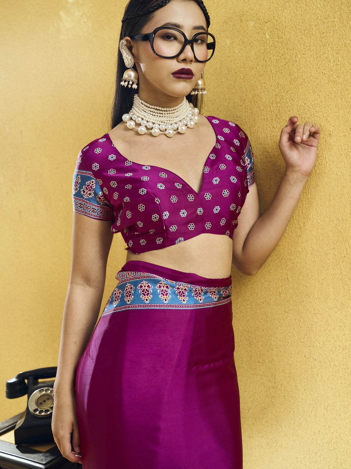 Magenta satin saree view 2