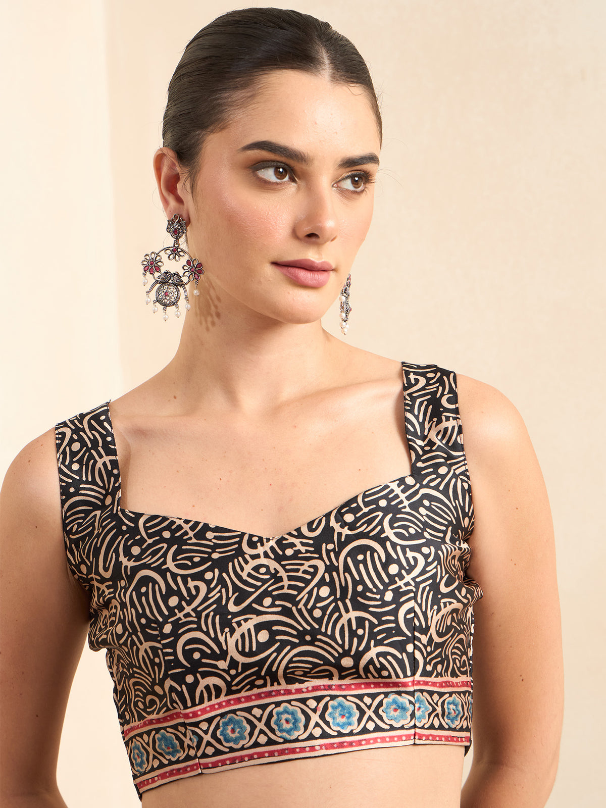 Unstitched black pure crepe blouse piece with ajrak design