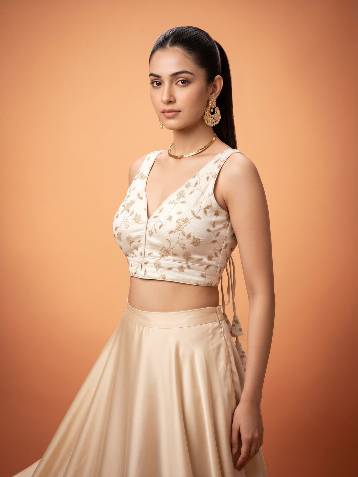 White sequin embellished silk blend sleeveless readymade saree blouse with v neck