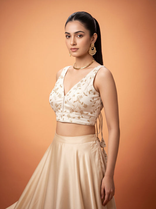 White sequin embellished silk blend sleeveless readymade saree blouse with v neck
